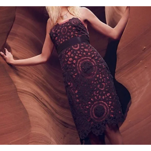 Anthropologie's Floreat Sunrise & Midnight Sheath Dress Gray Lace Pink Size 0 - Picture 1 of 11